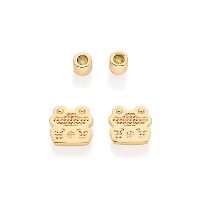 KIT BRINCOS FOLHEADO A OURO SAPO COM ZIRCÔNIA VERDE ROMMANEL 527296