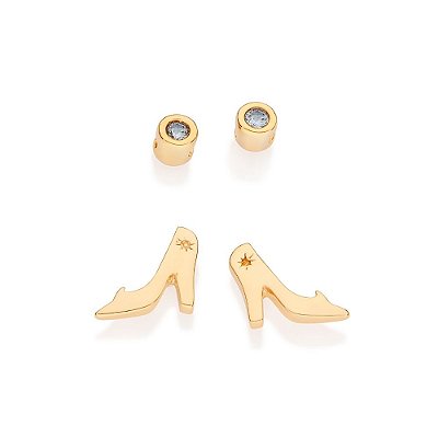 KIT BRINCOS FOLHEADO A OURO SAPATO CINDERELA COM ZIRCÔNIA AZUL CLARO ROMMANEL 527297