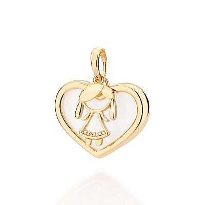 PINGENTE CORAÇÃO MENINA FOLHEADO A OURO COM ACRÍLICO BRANCO. MED 3CM ROMMANEL 542805