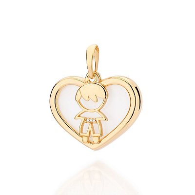 PINGENTE MENINO FOLHEADO A OURO CORAÇÃO COM ACRÍLICO BRANCO. MED 3CM ROMMANEL 542806