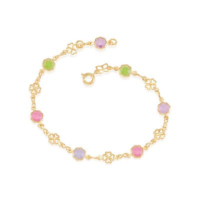 PULSEIRA FOLHEADO A OURO FLORES COLORIDAS E TREVOS VAZADOS. MED 20CM ROMMANEL 550676