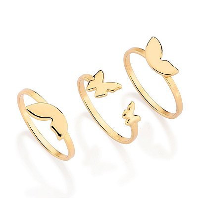 ANEL TRIPLO BORBOLETAS FOLHEADO A OURO ROMMANEL 513488