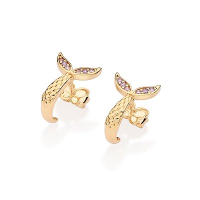 BRINCO FOLHEADO A OURO CAUDA PRINCESA ARIEL COM ZIRCÔNIAS LILÁS. MED 1,4CM ROMMANEL 527348
