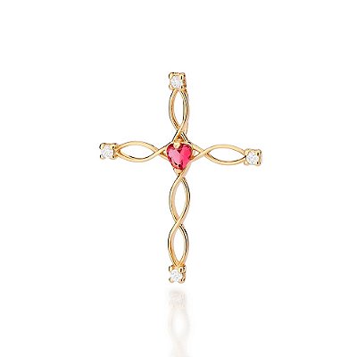 PINGENTE CRUZ FOLHEADO A OURO COM ZIRCÔNIA E CRISTAL ROSA. MED 3,3CM ROMMANEL 542916