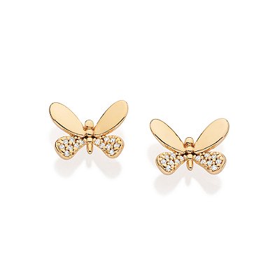 BRINCO FOLHEADO A OURO BORBOLETA COM ZIRCÔNIAS. MED 0,9CM ROMMANEL 527326