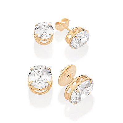 KIT BRINCOS OVAL FOLHEADO A OURO COM ZIRCÔNIAS ROMMANEL 527393