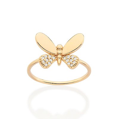 ANEL SKINNY FOLHEADO A OURO BORBOLETA COM ZIRCÔNIAS ROMMANEL 513481