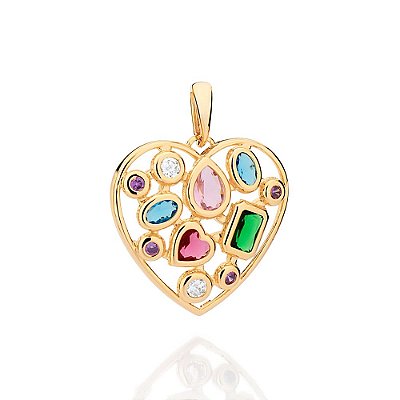 MAXI PINGENTE FOLHEADO A OURO CORAÇÃO DE RETALHOS COM ZIRCÔNIAS COLORIDAS. MED 3,6CM ROMMANEL 542879
