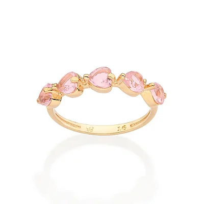 ANEL SKINNY FOLHEADO A OURO CORAÇÕES CRISTAL ROSA CLARO ROMMANEL 513519
