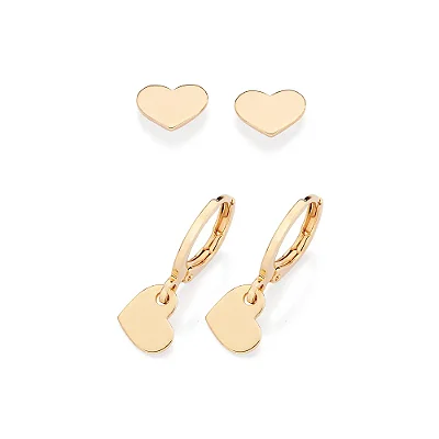 KIT BRINCOS FOLHEADO A OURO COM CORAÇÃO PENDURADO ROMMANEL 527462