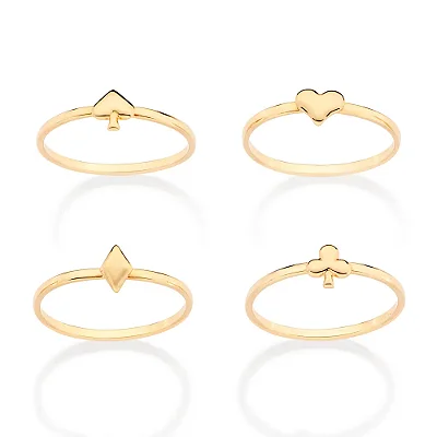 KIT ANÉIS SKINNY FOLHEADO A OURO NAIPES DE BARALHO ROMMANEL 513541