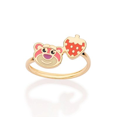 ANEL SKINNY FOLHEADO A OURO URSO LOTSO E MORANGO COM APLIQUE DE RESINA ROMMANEL 513574