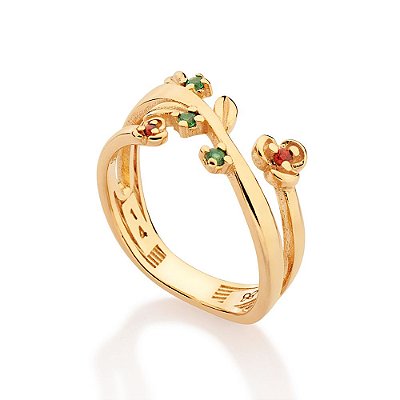 ANEL ARO DUPLO FLORES FOLHEADO A OURO COM ZIRCÔNIAS COLORIDO ROMMANEL 513578