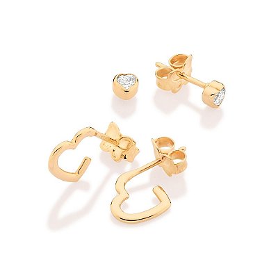 KIT BRINCOS CORAÇÃO ARGOLA + SOLITÁRIO FOLHEADO A OURO ROMMANEL 527484