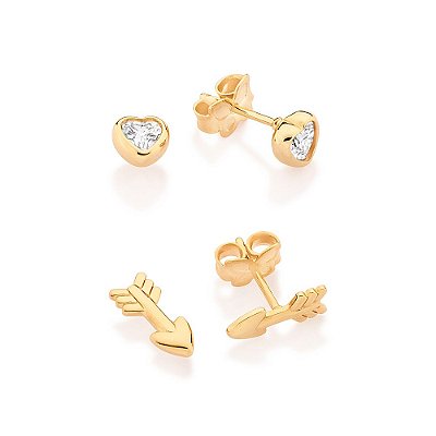 KIT BRINCOS FOLHEADO A OURO FLECHA E SOLITÁRIO CORAÇÃO ROMMANEL 527488