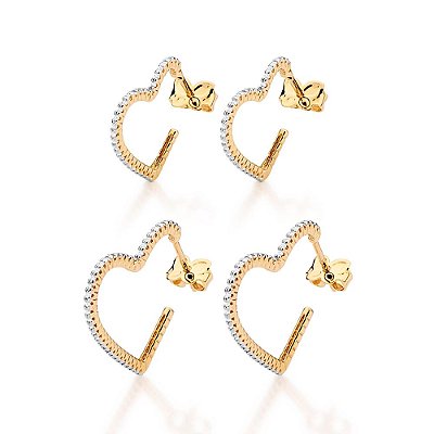 KIT BRINCOS CORAÇÃO FOLHEADO A OURO COM ZIRCÔNIAS ROMMANEL 527491