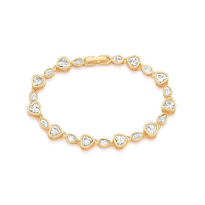 PULSEIRA FOLHEADO A OURO COM ZIRCÔNIAS CORAÇÕES E GOTAS. MED 17CM ROMMANEL 552199