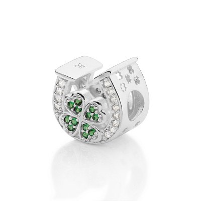 BERLOQUE PASSANTE PRATA 925 FERRADURA E TREVO COM ZIRCÔNIAS BRANCO COM VERDE. MED 1,1CM ROMMANEL 840242