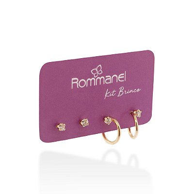 KIT BRINCOS FOLHEADO A OURO ARGOLA + SOLITÁRIO ROMMANEL 527526