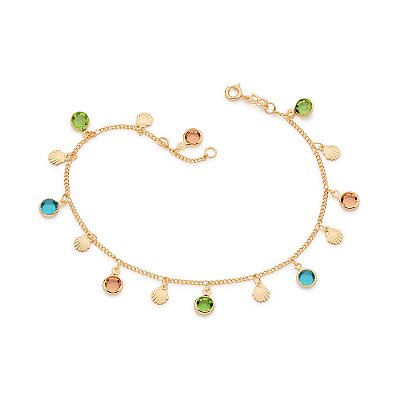 TORNOZELEIRA FOLHEADO A OURO COM CONCHAS E CRISTAIS COLORIDOS.MED 25CM ROMMANEL 552202