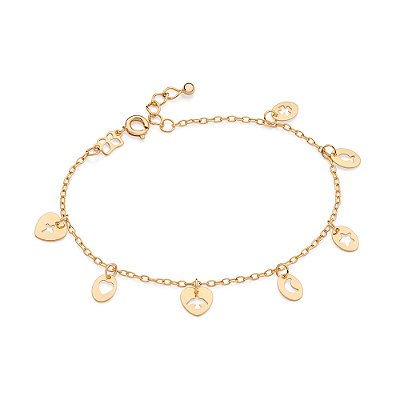 PULSEIRA FOLHEADO A OURO COM PINGENTES: CORAÇÃO, CRUZ E ESPÍRITO SANTO. MED 20CM ROMMANEL 552220