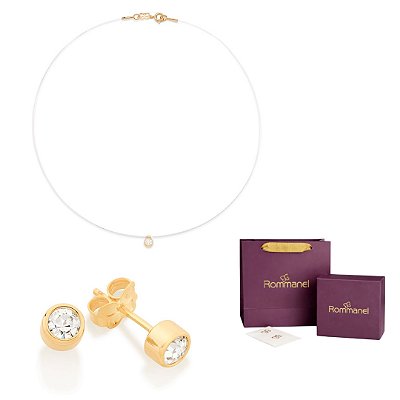 CONJUNTO GARGANTILHA FIO DE NYLON 40/42CM + BRINCO SOLITÁRIO FOLHEADO A OURO ROMMANEL