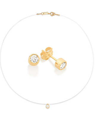 CONJUNTO GARGANTILHA FIO DE NYLON + BRINCO SOLITÁRIO ROMMANEL