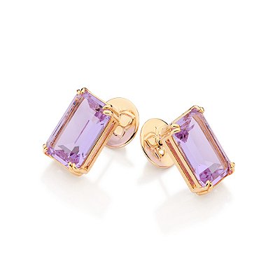 BRINCO SOLITÁRIO RETANGULAR FOLHEADO A OURO COM CRISTAL LILÁS. MED 1,60CM ROMMANEL 527517