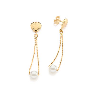 BRINCO PÊNDULO FOLHEADO A OURO COM CONCHA E PÉROLA. MED 4,70CM ROMMANEL 527520