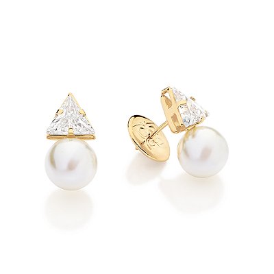 BRINCO TRIÂNGULAR FOLHEADO A OURO COM ZIRCÔNIAS E PÉROLAS. MED 2,80CM ROMMANEL 527523