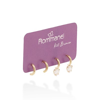 KIT ARGOLAS FOLHEADO A OURO CORAÇÃO COM ZIRCÔNIAS ROMMANEL 527527