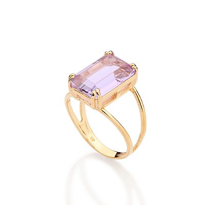 ANEL SOLITÁRIO FOLHEADO A OURO COM CRISTAL RETANGULAR LILÁS ROMMANEL 513595
