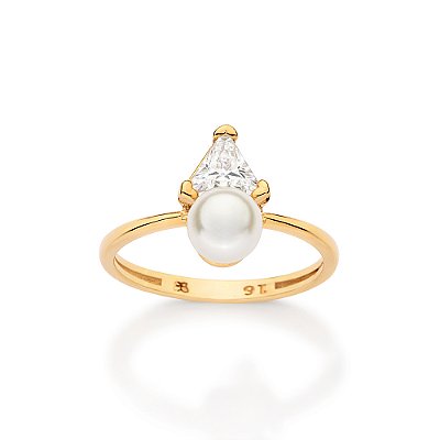 ANEL SKINNY FOLHEADO A OURO COM PÉROLA E ZIRCÔNIA ROMMANEL 513597