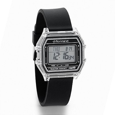 RELÓGIO DIGITAL RETANGULAR PRETO E PULSEIRA DE SILICONE ROMMANEL 650164