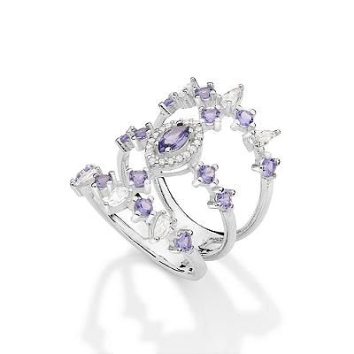 MAXI ANEL ARO TRIPLO PRATA 925 COM ZIRCÔNIAS BRANCO COM LILÁS ROMMANEL 810398