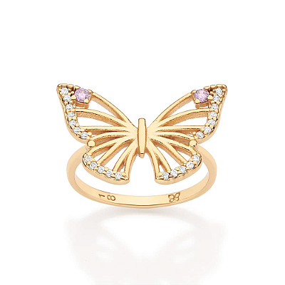 ANEL SKINNY FOLHEADO A OURO BORBOLETA COM ZIRCÔNIAS ROMMANEL 513634