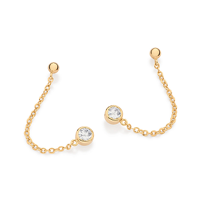 BRINCO PÊNDULO DUPLO FOLHEADO A OURO COM ZIRCÔNIAS. MED 5CM ROMMANEL 527592