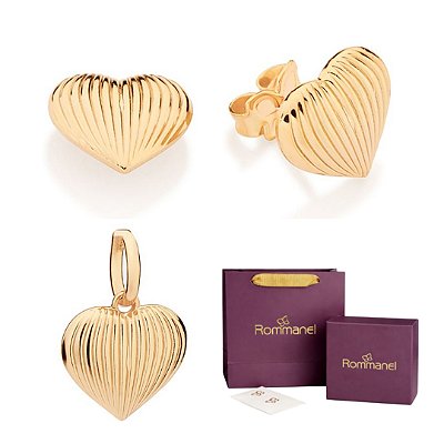 CONJUNTO CORAÇÃO ABAULADO PINGENTE + BRINCO FOLHEADO A OURO + KIT EMBALAGEM ROMMANEL