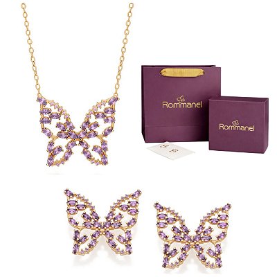 CONJUNTO BORBOLETA COM ZIRCÔNIAS GARGANTILHA AJUSTÁVEL + BRINCO FOLHEADO A OURO + KIT EMBALAGEM ROMMANEL