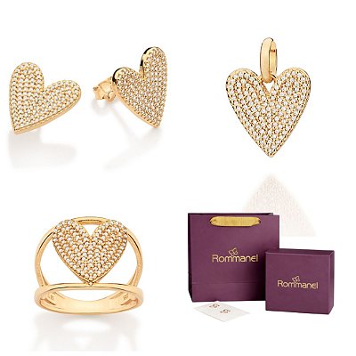 CONJUNTO CORAÇÃO COM ZIRCÔNIAS PINGENTE + BRINCO + ANEL FOLHEADO A OURO + KIT EMBALAGEM ROMMANEL