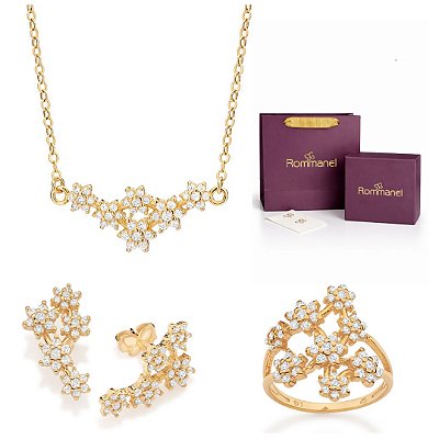 CONJUNTO FLORES GARGANTILHA AJUSTÁVEL + BRINCO + ANEL FOLHEADO A OURO + KIT EMBALAGEM ROMMANEL