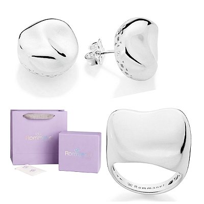 CONJUNTO ABSTRATO BRINCO BOTÃO + ANEL PRATA 925 + KIT EMBALAGEM ROMMANEL