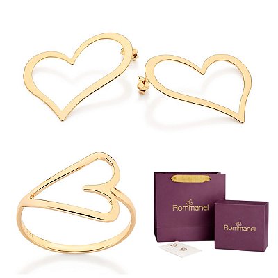 CONJUNTO CORAÇÃO VAZADO ANEL + BRINCO FOLHEADO A OURO + KIT EMBALAGEM ROMMANEL