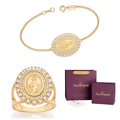 CONJUNTO Nª Sª DAS GRAÇAS COM ZIRCÔNIAS PULSEIRA AJUSTÁVEL + ANEL FOLHEADO A OURO + EMBALAGEM ROMMANEL
