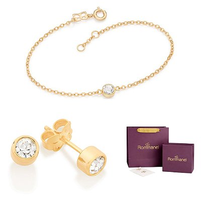 CONJUNTO PONTO DE LUZ PULSEIRA AJUSTÁVEL + BRINCOS FOLHEADO A OURO + EMBALAGEM ROMMANEL