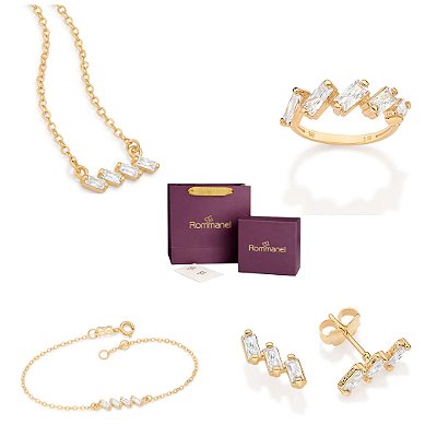 CONJUNTO COM ZIRCÔNIAS GARGANTILHA + BRINCOS + PULSEIRA + ANEL FOLHEADO A OURO + EMBALAGEM ROMMANEL