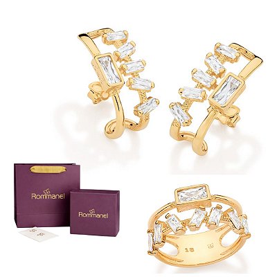 CONJUNTO COM ZIRCÔNIAS ARGOLA + ANEL FOLHEADO A OURO + EMBALAGEM ROMMANEL