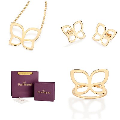 CONJUNTO BORBOLETA GARGANTILHA AJUSTÁVEL + BRINCOS + ANEL FOLHEADO A OURO + EMBALAGEM ROMMANEL