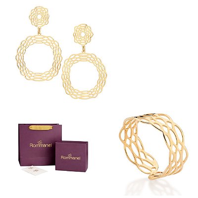 CONJUNTO MAXI PÊNDULO BRINCOS + ANEL FOLHEADO A OURO + EMBALAGEM ROMMANEL