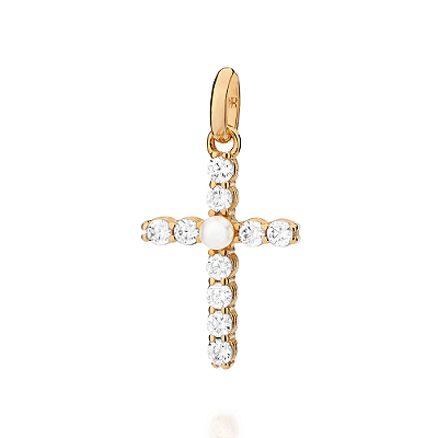 PINGENTE CRUZ FOLHEADO A OURO COM ZIRCÔNIAS E PÉROLA. MED 2,70CM ROMMANEL 542997